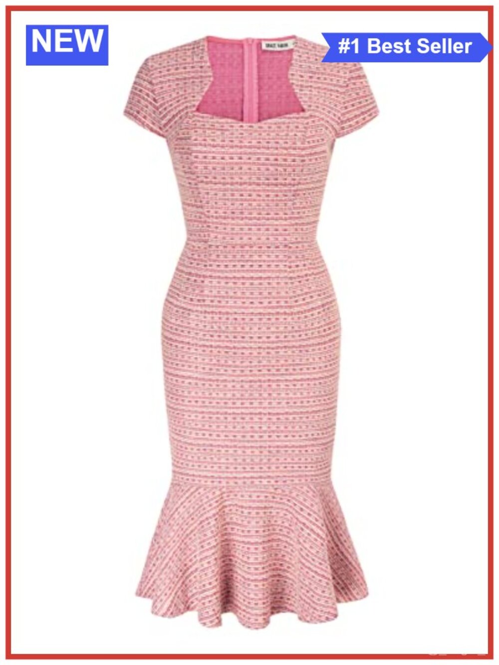 Bodycon Tweed Fishtail Pencil Dress Cap Sleeve Zipper Cocktail Party